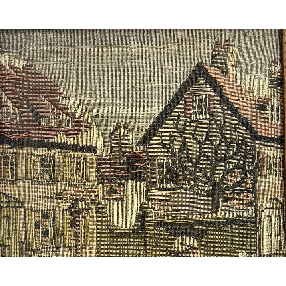1920 Antique La France Art Company Jacquard Woven Tapestry Winter‎ Village Scene